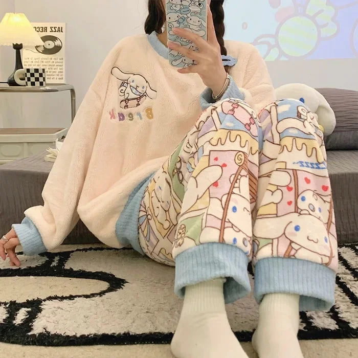 Transborder Flannel Pyjamas Women's Autumn Winter Round Neck Long Sleeve Cute Japanese Cartoon Student Warm Home Clothes Set