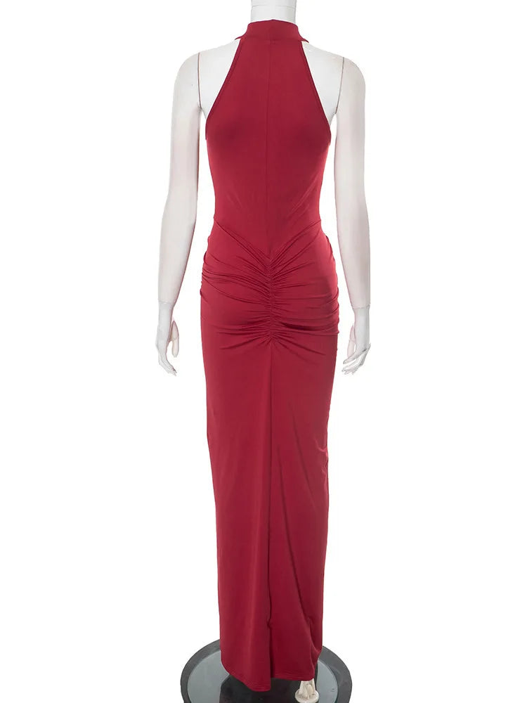 Mozision Halter Ruched Sleeveless Sexy Maxi Dress Women Gown Fashion Slim High Waist Evening Club Party Split Long Dress