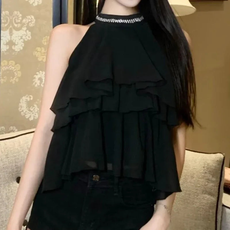 OCEANLOVE Halter Ruffles Blouses Women Tops Solid Summer Korean Fashion Sweet Blusas Mujer Sleeveless Loose Vintage Shirts