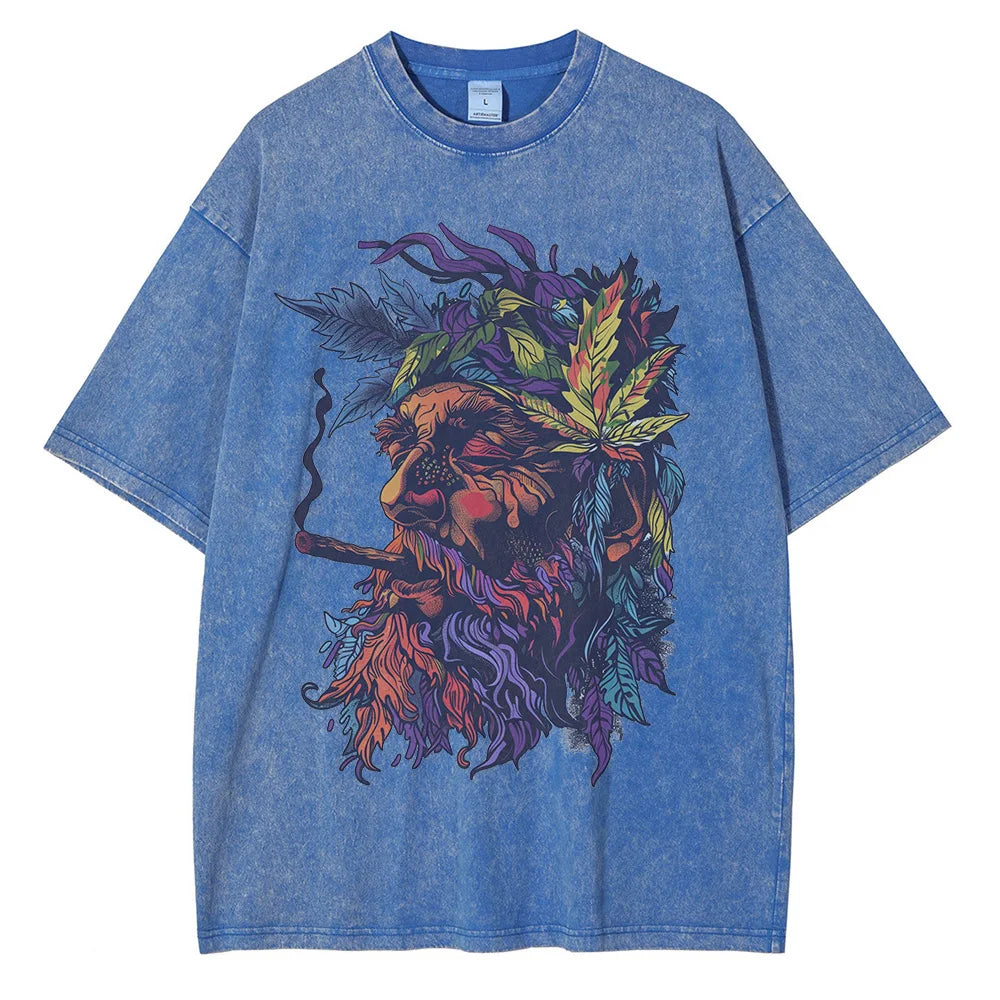 230GSM Pure Cotton Batik Washed Graphic T-shirts Psychedelic Hippie Printed T-shirt Drop Shoulder Vintage Oversized T-shirt