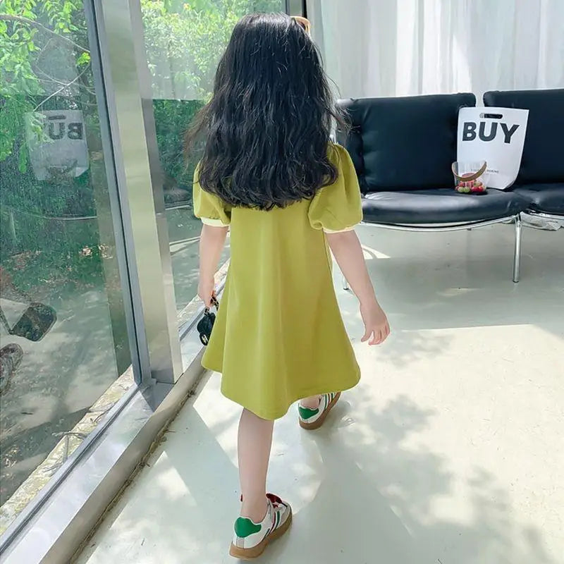 2024 New Children's Summer Dress Girl's Korean Edition love Bubble Sleeves Flip Collar Dress 1-12 Year Old Princess Dress