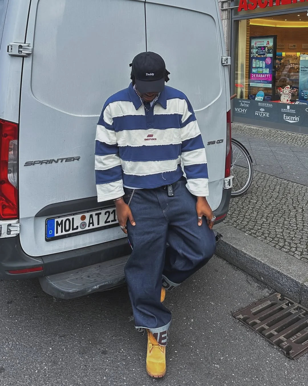 American blue and white striped campus style Polo shirt men's spring simple loose lapel casual long-sleeved T-shirt sweatshirt