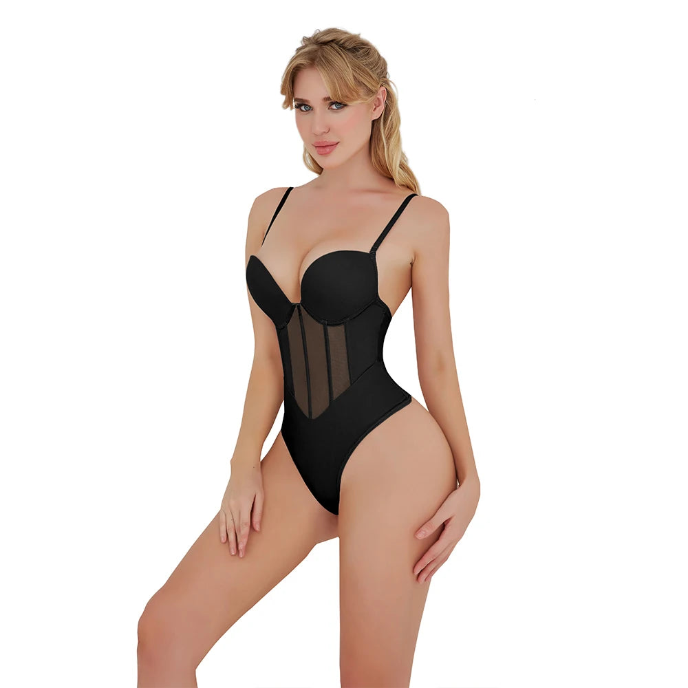 Women's Body Shaper Compression Bodysuit One Piece Backless Shapewear With Bra Corset Slimming Underwear Black Beige