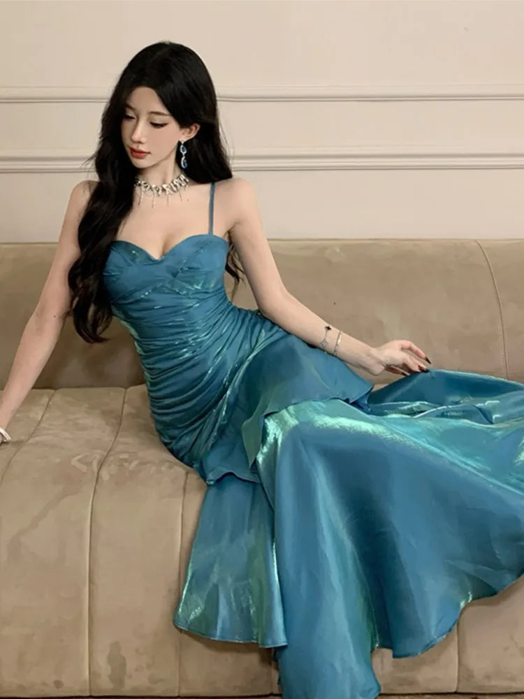Sexy Shiny Glitter Mermaid Evening Party Prom Gowns Spring Summer Spaghetti Strap Ruffled Dresses Sleeveless Slim Waist Robe