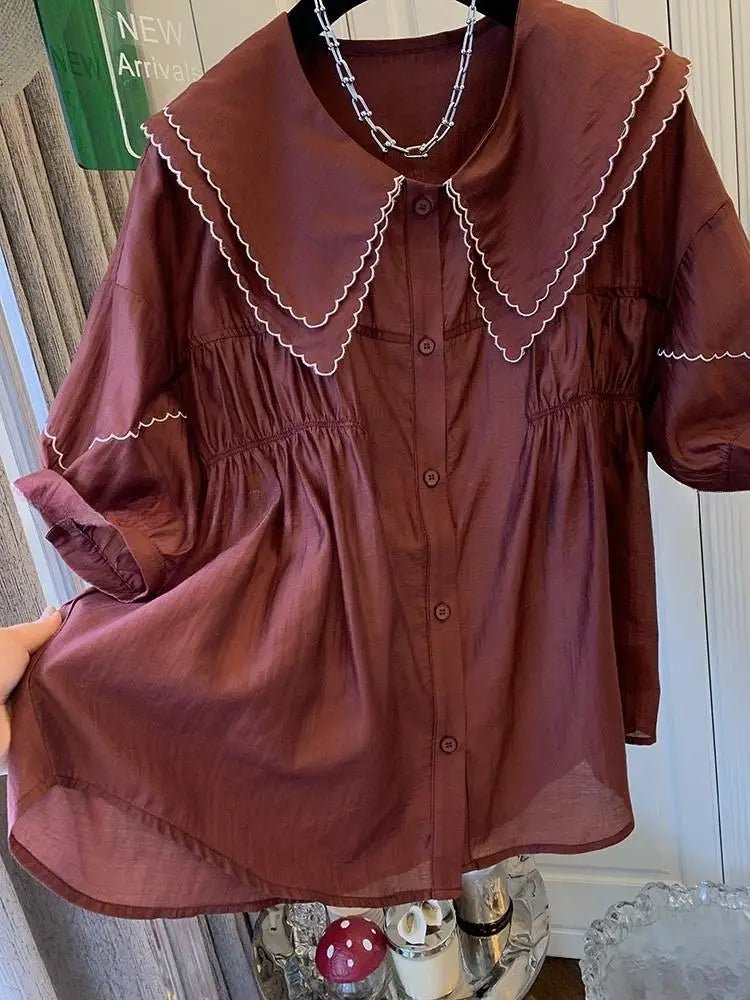 Double Peter Pan Collar Korean Loose Women tops Shirts Lantern Sleeve Shirts Summer Casual Blouse Girls New 2025