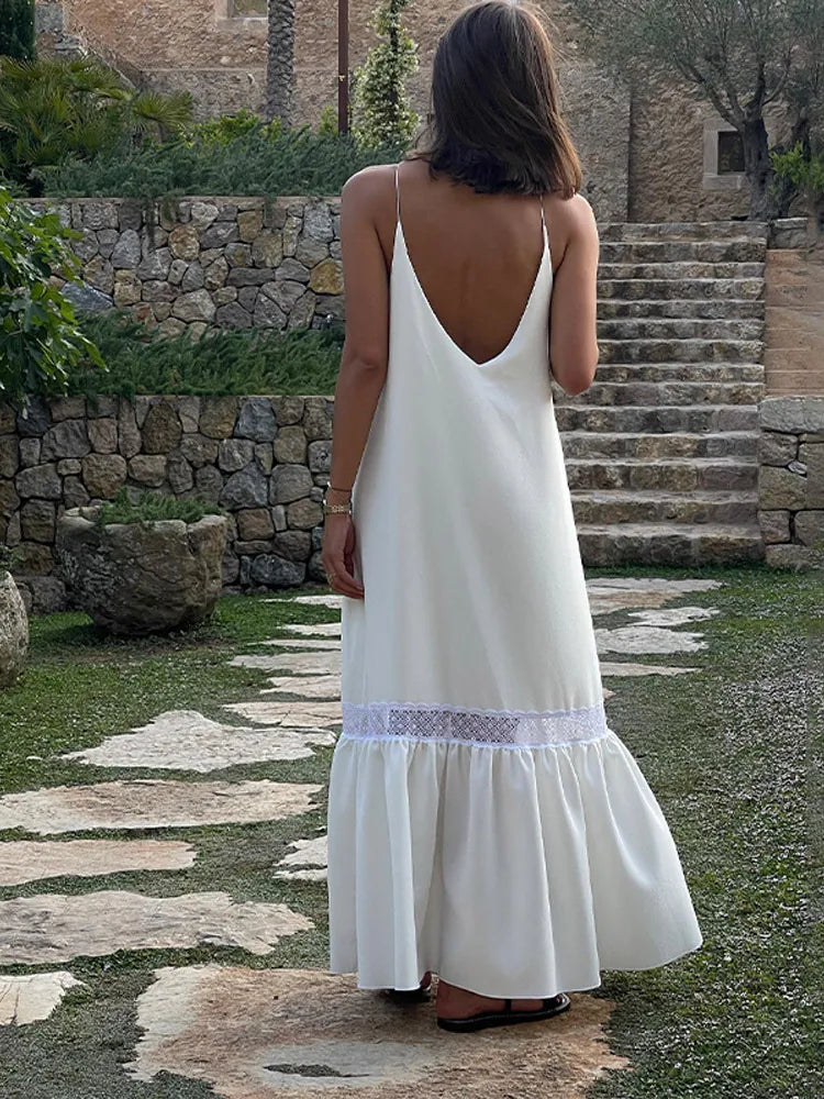 Elegant Women's Solid Backless Pleated Dress Fashion Patchwork Sleeveless Backless Long Dresses Lady Summer Holiday Beach Robes
