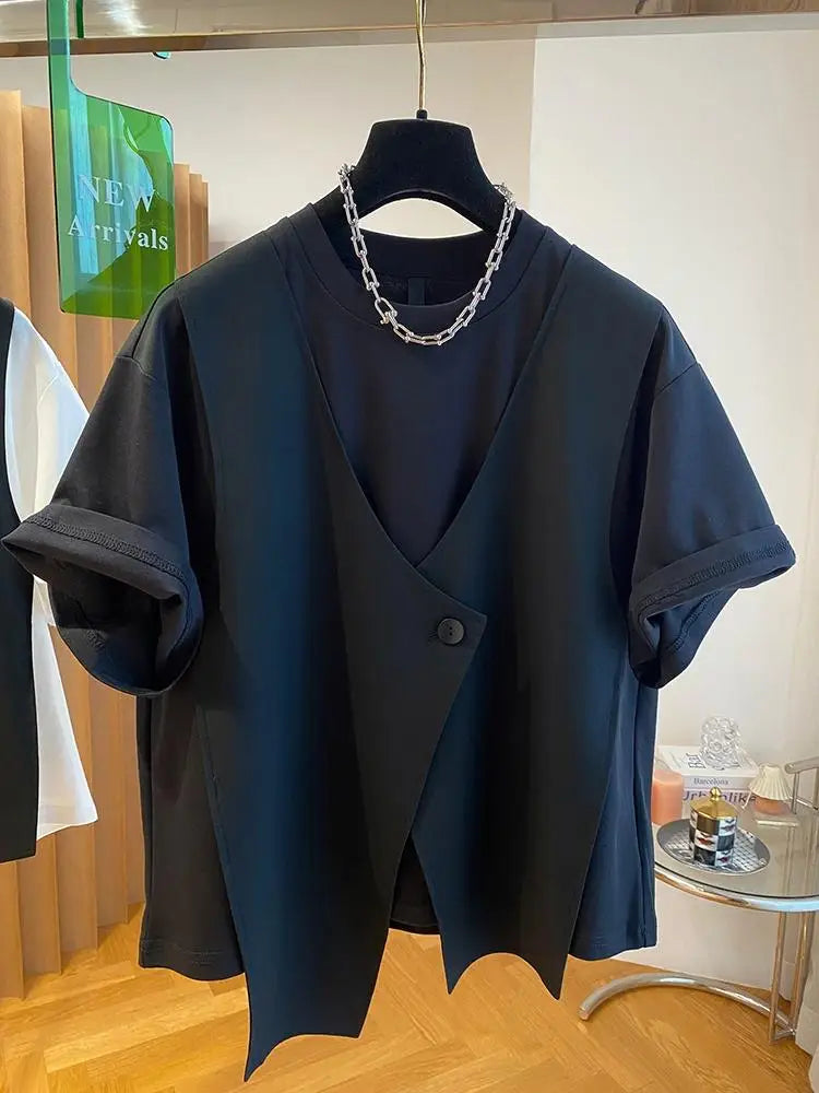 Fashion Fake Two Piece T Shirt Women Niche Design Sense T-shirt Loose Casual Stitching Vest Button Short Sleeve Tshirt