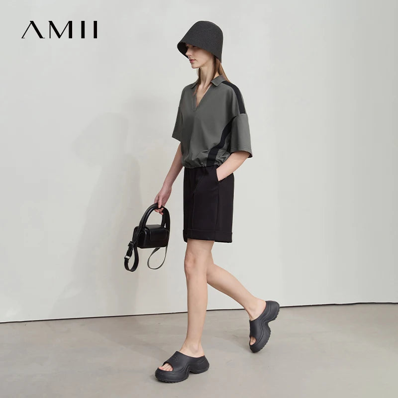 Amii Minimalist Cotton T-Shirts For Women 2025 Summer New V-Neck Pullover Loose Short Shoulder Sleeve Chic Commute Tops 12552001