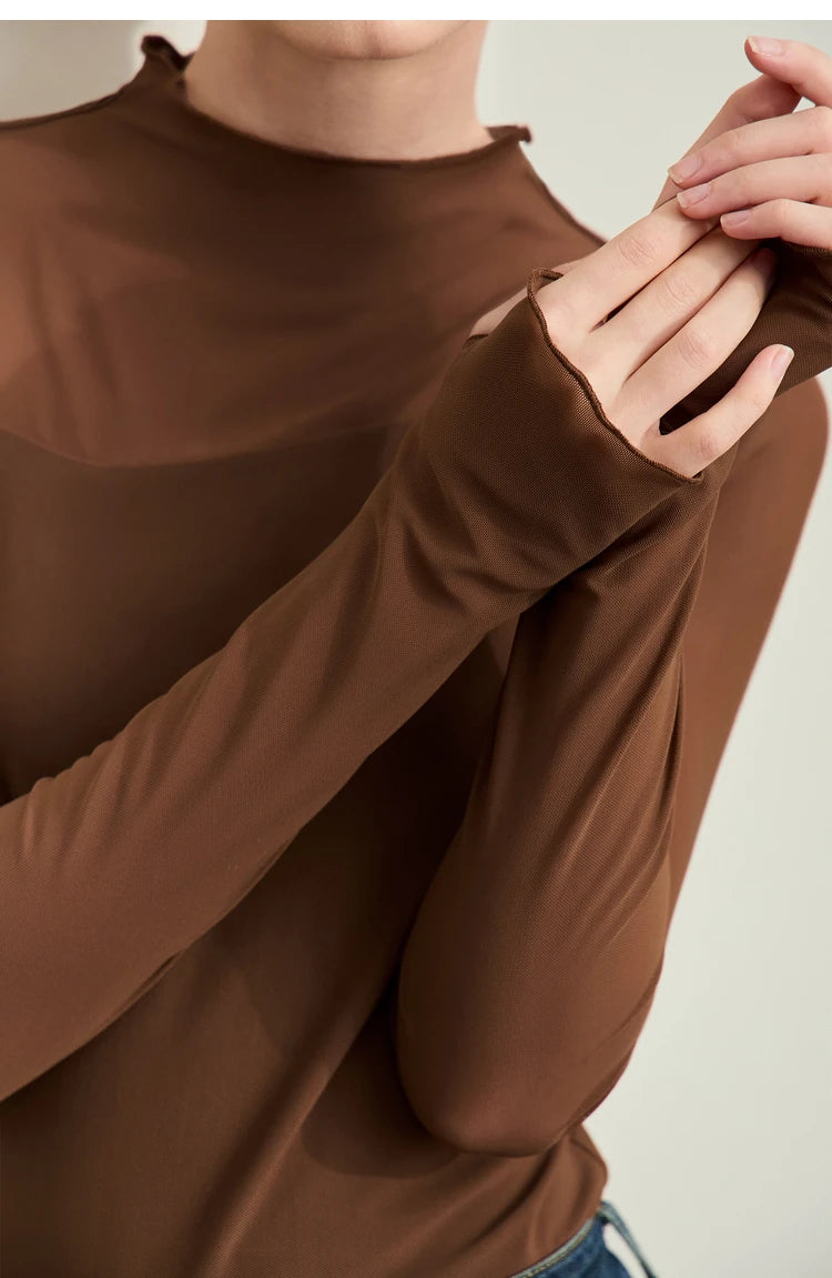 Amii Minimalism Mesh T-shirts For Women 2025 Spring New Office Lady Half-high Neck Micro Perspective Slim Retro Shirt 12423055