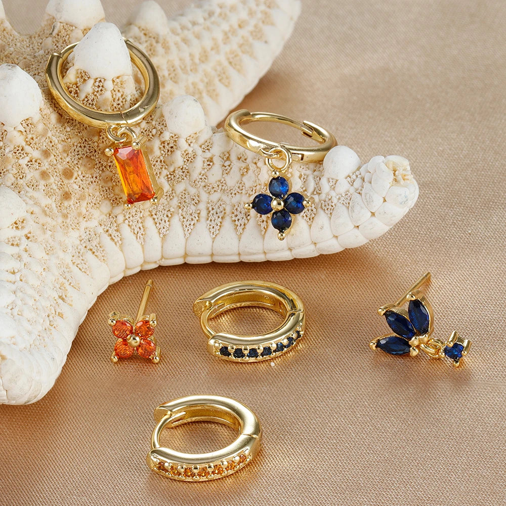 3PCS Fashion Orange Blue Zircon Hanging Earrings Set for Women Stainless Steel Flower Dangle Earring Piercing Jewelry