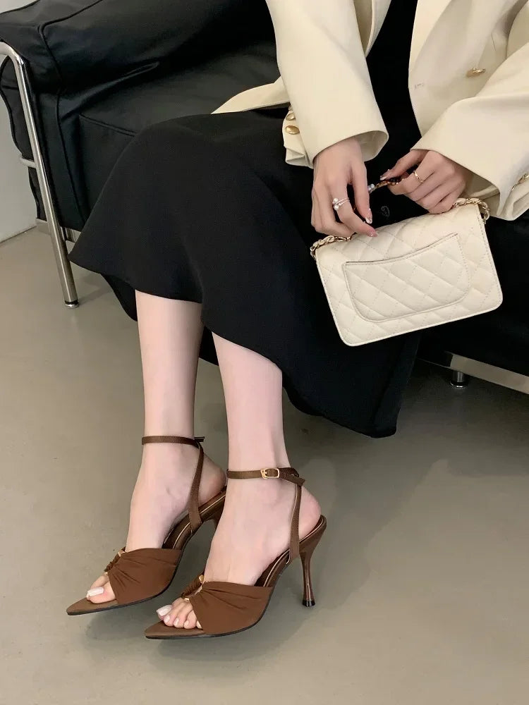 Aneikeh Summer Pointed Toe Thin High Heels Fashion Pleated Metal Buckle Strap Women Sandals Banquet Party Female Mules Shoes