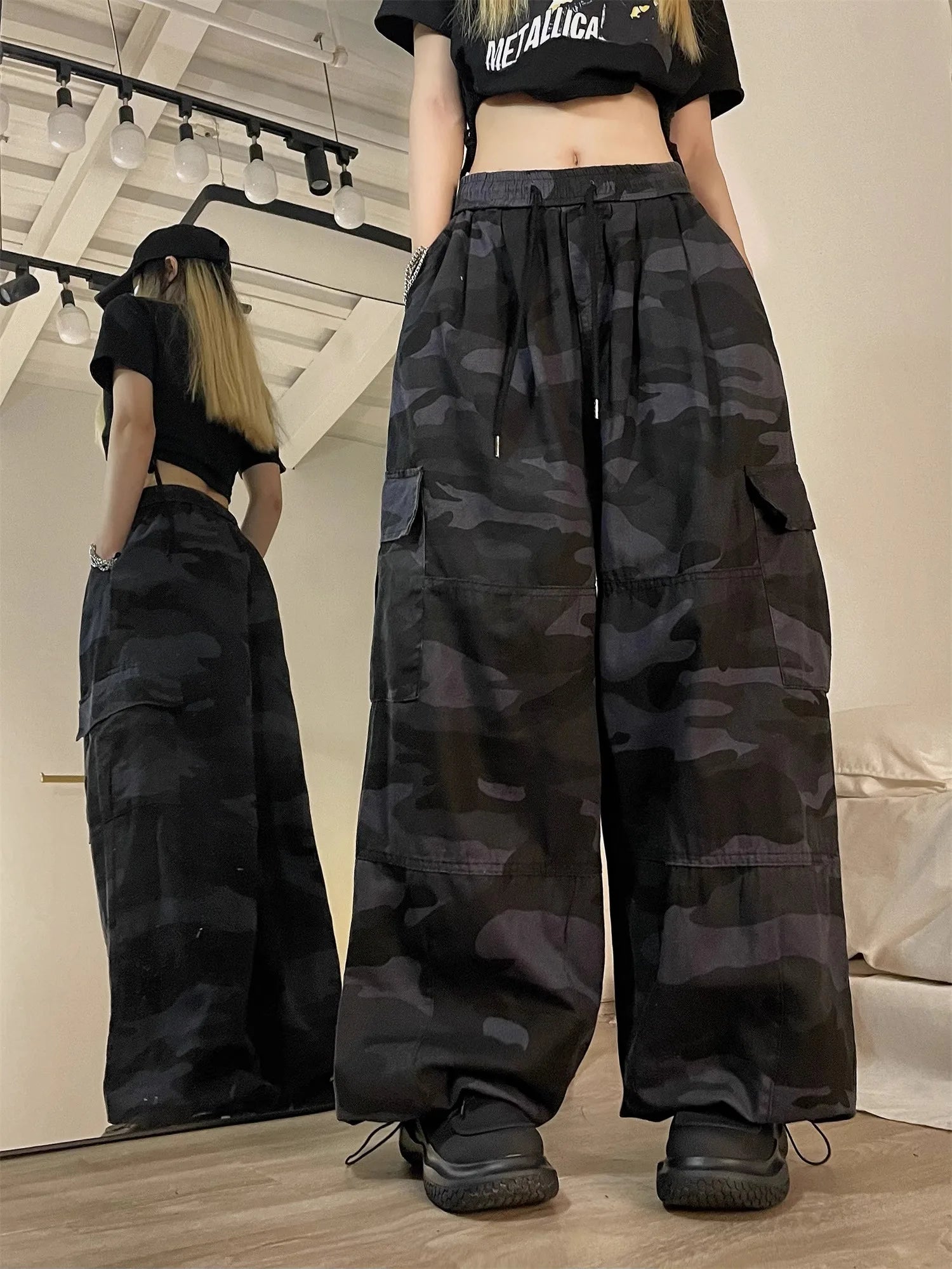 American High Street Camouflage Work Pants Women's Dstring Hip Hop Large Size Loose Straight Leg Wide Leg Trousers