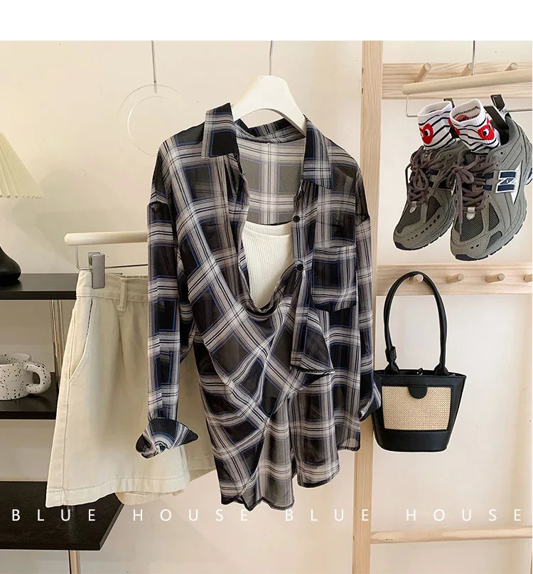 2024 New Red Black Checkered Long Sleeve Sunscreen Shirt for Women's Spring and Autumn, Loose and Lightweight Shirt Top Outer