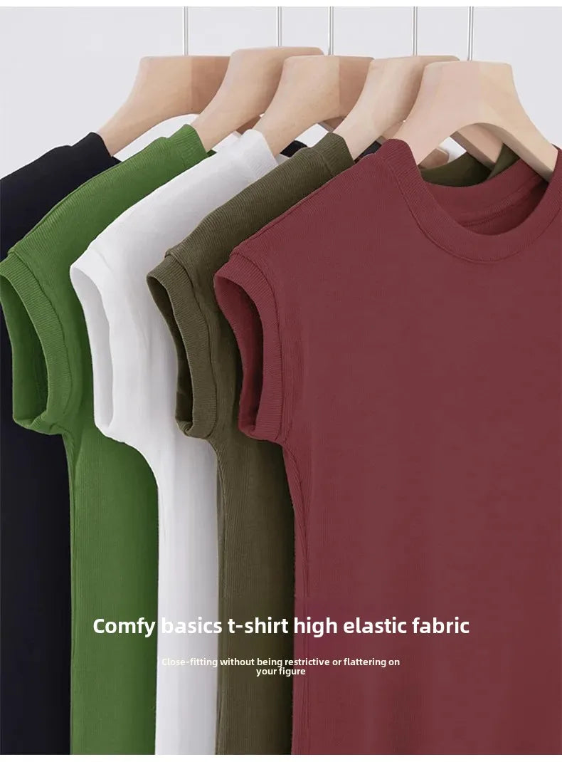 Short Sleeve Ice Silk T-Shirt Women's Loose Fashionable Youthful Small Flying Sleeve Top Knitted Crew Neck Other Pattern Types