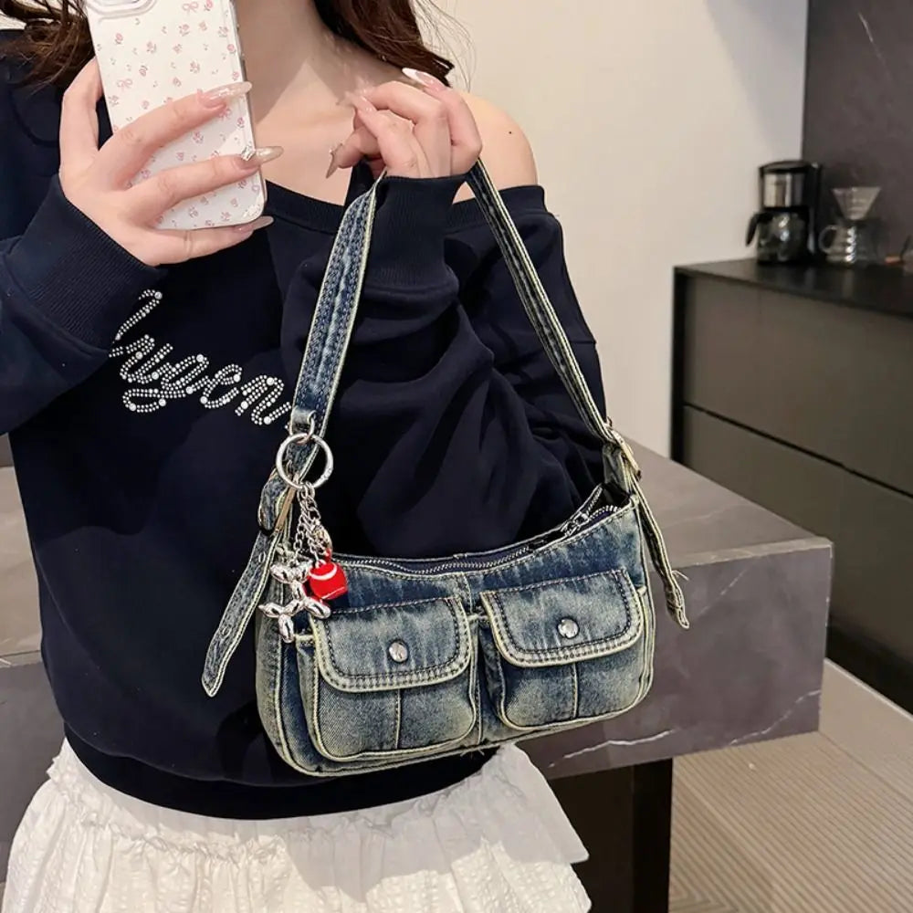 Fashion Handbag Retro Denim Bag Underarm Bag Crossbody Bag Spicy Girl Shoulder Bag Armpit Bag Y2K Cloth bag Shopping