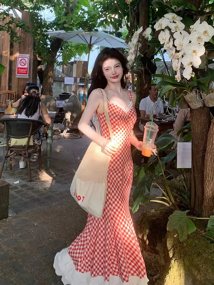 Women Summer Red Plaid Maxi Dress Spaghetti Strap Lace Trim Ruffle Hem Slim Fit Long Dress Elegant Vacation Beach Outfit 2025