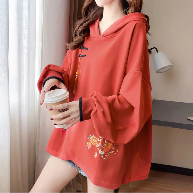 Chinese Style Lucky Carp Embroidery Loose Hoodies Women Drop Shoulder Buckle Tassel Hooded Sweatshirt Female Vintage Clothes