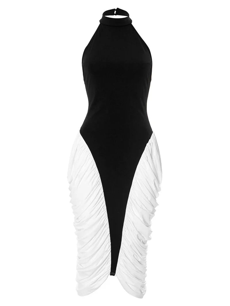 Mozision Patchwork Halter Backless Sexy Midi Dress Women Gown Elegant Fashion Contrast Color Sleeveless Pleated Long Dress