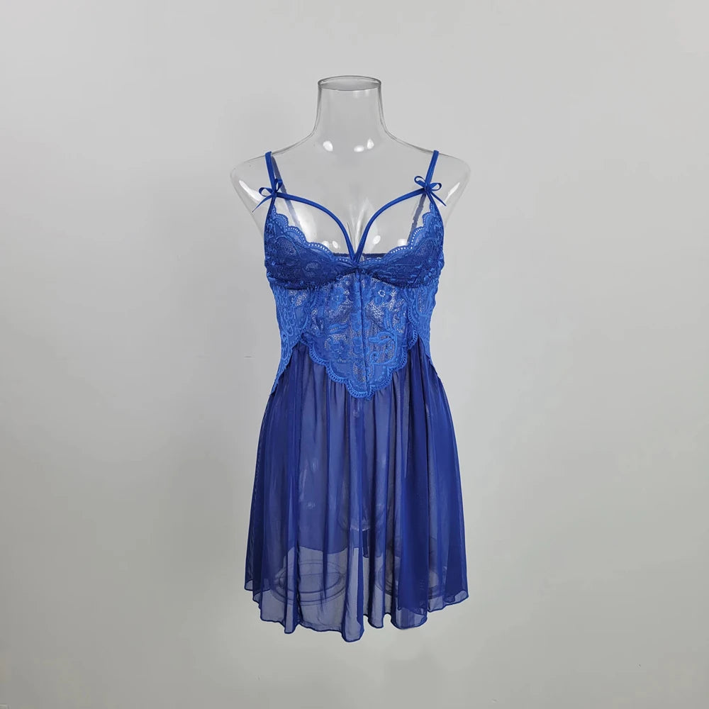 Deep V Lace Sexy Female Lingerie Cute Bow Tie Mesh Nightgown For Women Wholesale Large Size Hollowed Backless Embroidery Pajamas