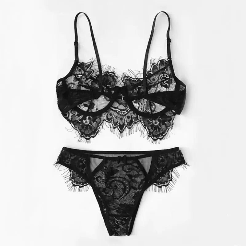 Women's Sexy Lace Underwear Set Ladies Hollow Out Lingerie Black Bodysuit See-through Brassiere Panties Mini Babydoll Bra Thong