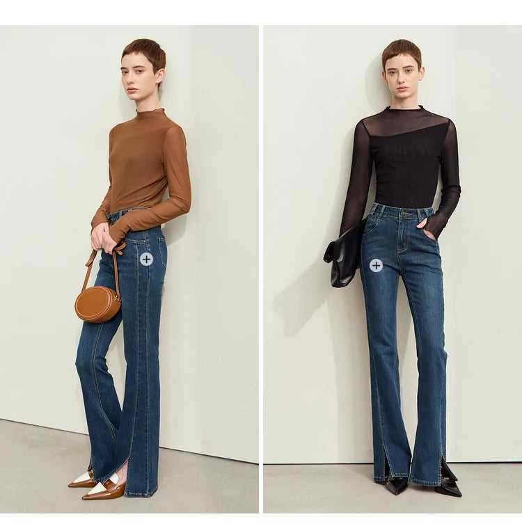 Amii Minimalism Mesh T-shirts For Women 2025 Spring New Office Lady Half-high Neck Micro Perspective Slim Retro Shirt 12423055