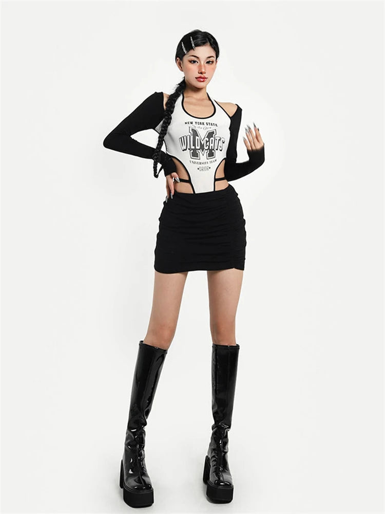 Sexy Letter Printed Irregular Waist-exposed Bodysuits Long Sleeve Skinny Baby Tops Bodycon Fashion Slim Rompers Women Jumpsuits