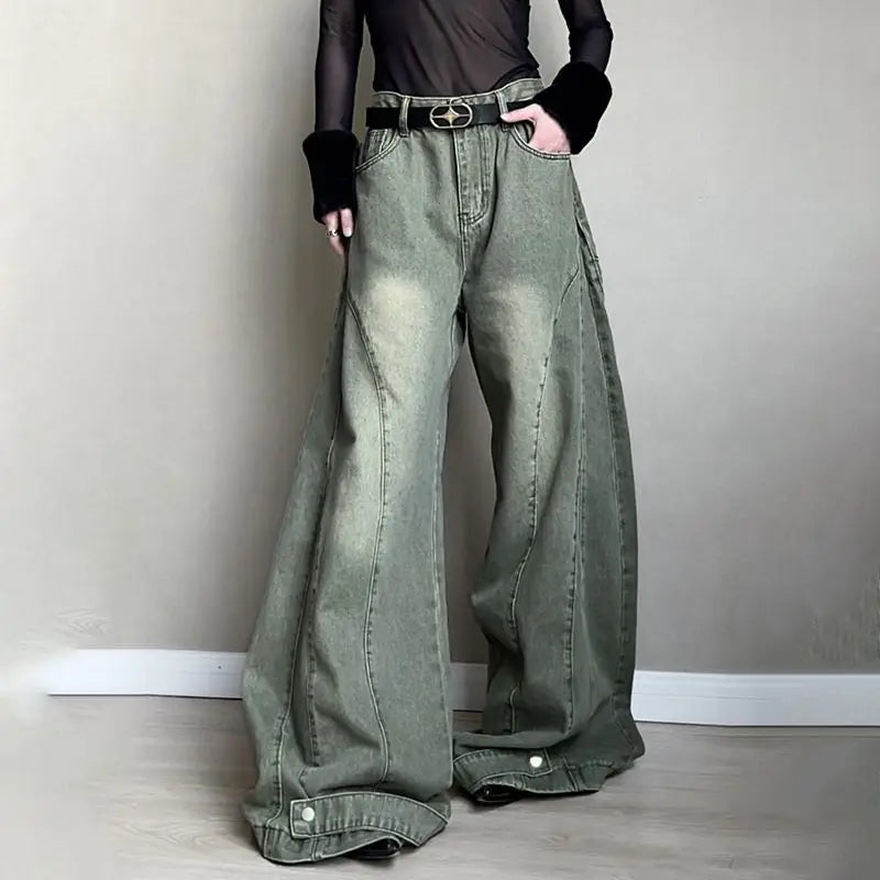 Retro Fashion Old-segmented Denim Cargo Pants Low Waist Loose American Street Harajuku Casual Jeans Women Unisex Wide-leg Pants