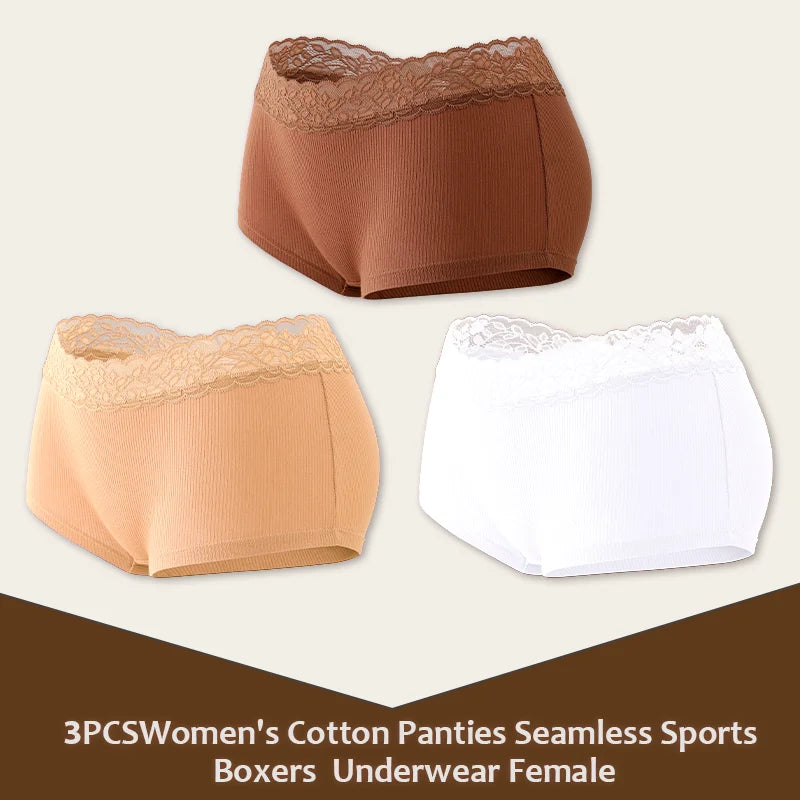 3Pcs Women's Cotton Lace Panties Boxers Seamless Boxer Underwear Female Solid Color Briefs Cozy Lingerie Intimate Underpant S-XL
