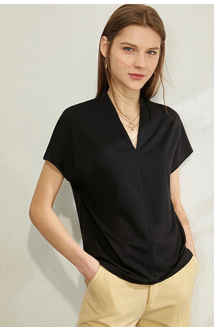 AMII Minimalism 2023 Summer Women's T-shirt Classic Style Casual V-neck Short Sleeve Solid Stretch Female Tops & Tees 12312013
