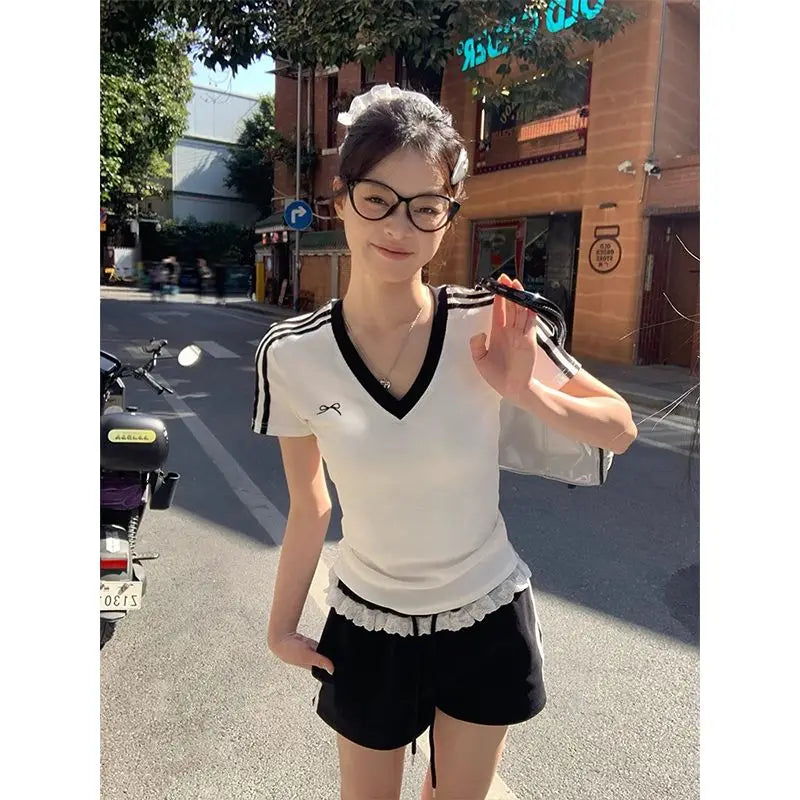 Women Clothing Summer Fashion Casual Striped Color Blocking V-neck Ladies Ladies Simplicity All-match Appear Thin Short Sleeve