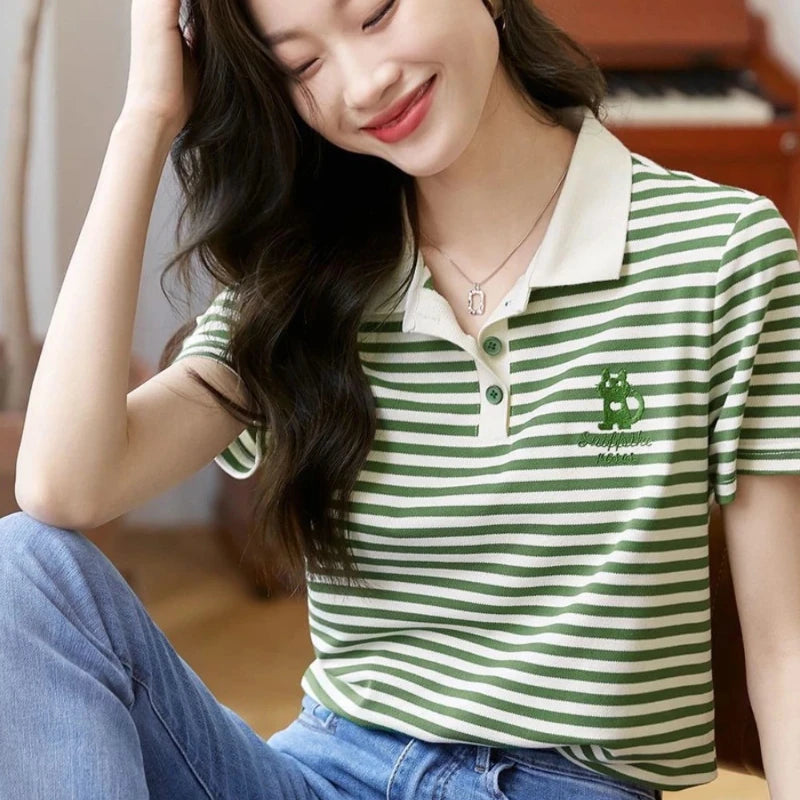 Summer Outfit Female Tee Slim Women's Polo Short Sleeve T-shirt Y2k Fashion Clothing Trend 2025 Basic Casual Tops Sales T-shirts
