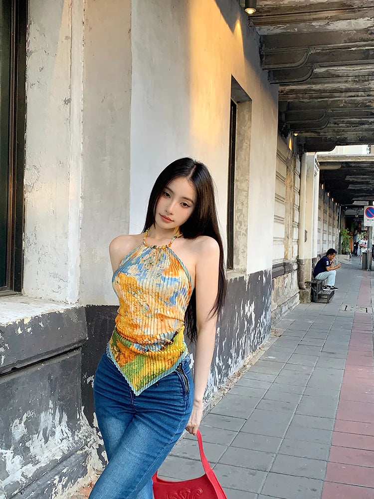 Tonngirls Vintage Tie Dye Tank Tops Women Sleeveless Lace Up Y2k Retro Camis Tops Backless Summer Korean Style Tank Tops 2000s