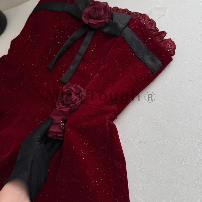 Gothic Y2k Lolita Style One Piece Dress Women Sexy Red Rose Flower Bow Party Mini Dress Japanese Fashion Elegant Dresses 2025