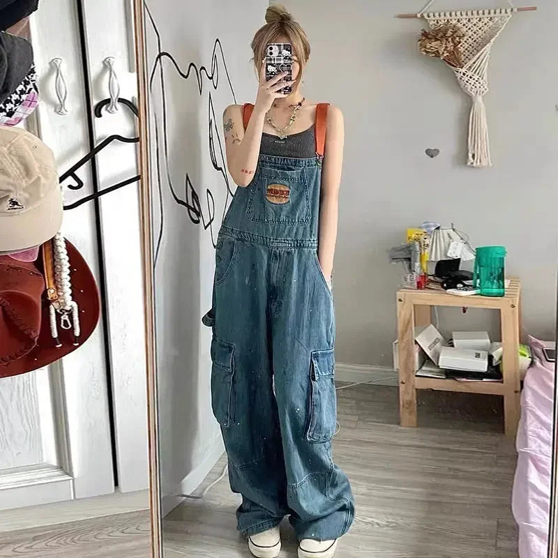 Cool Girl Style Embroidered Spicy Ink Denim Strap Jumpsuits Women's Autumn/Winter Large Loose and Slim Retro One Piece Pants