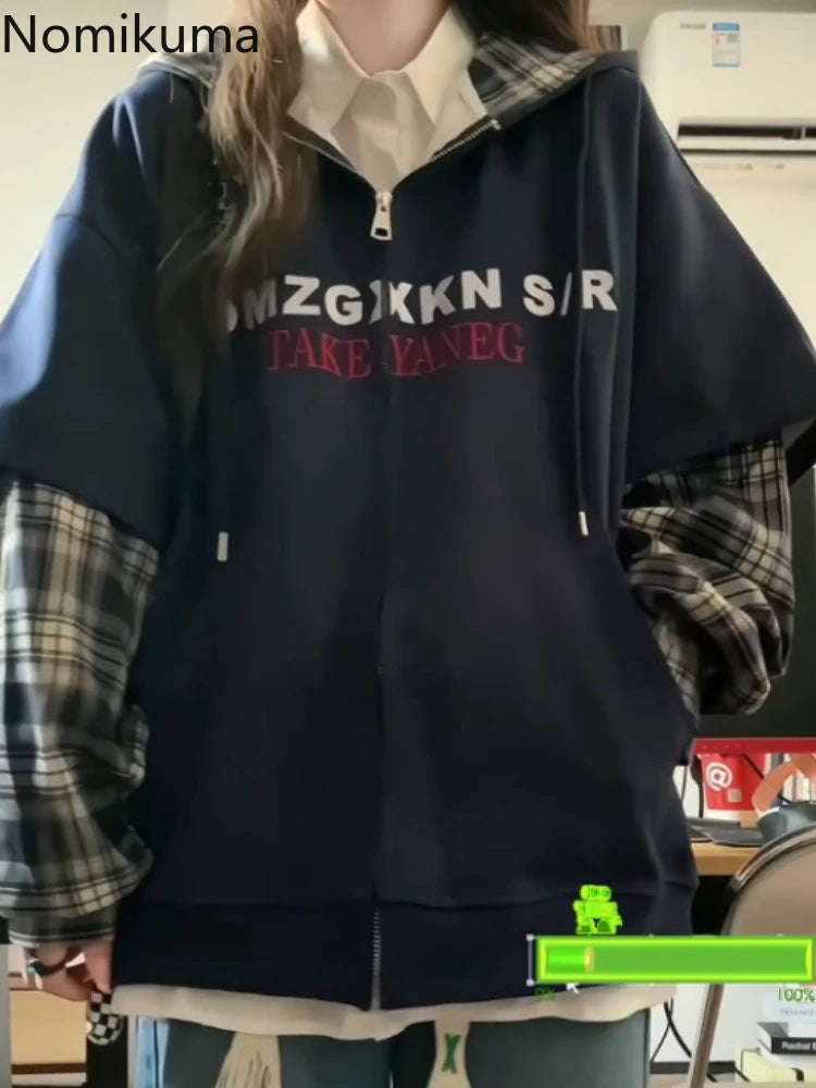 Patchwork Plaid Hoodies 2025 Women's Clothing Streetwear Fashion Sweatshirts Y2k Tops Thicked Hooded Casual Oversized Hoodie