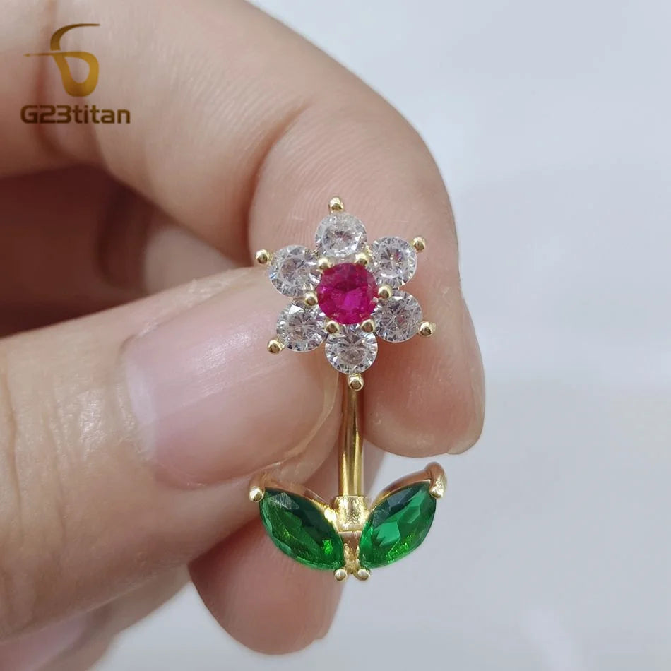 G23titan 14G Zircon Flower Barbell Belly Button Ring Women Body Sexy Navel Piercing Anti Allergic Jewelry Accessories Ombligo