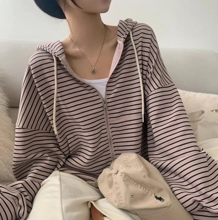 Spring 2025 Women's Chic Loose Casual Lazy Sle Striped Hooded Jaet with ket Open Cardigan Sweatirt Comfortable Fit