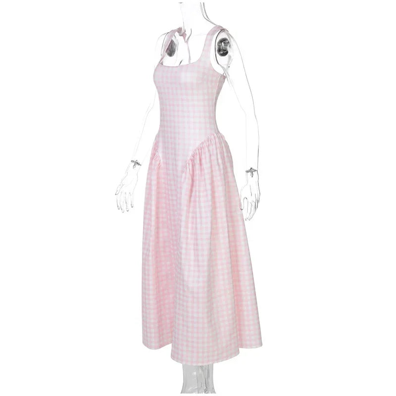 Women Fashion Plaids Pleated High Waist A-line Dress Elegant Sleeveless Backless Slim Long Dresses Summer New Party Streetwear