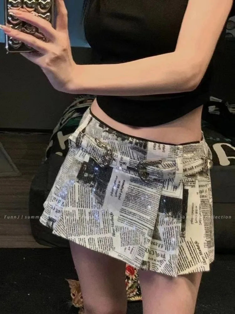 Newspaper Printed All-match Skirt for Women Y2k High Waist Ruched Faldas Mujer 2025 Early Autumn New A-line Skirts