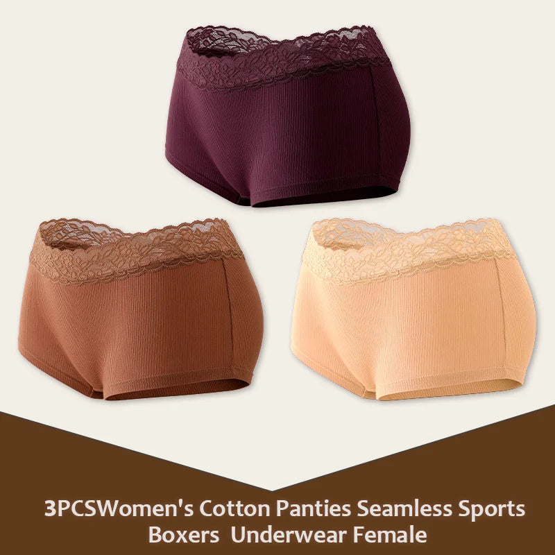 3Pcs Women's Cotton Lace Panties Boxers Seamless Boxer Underwear Female Solid Color Briefs Cozy Lingerie Intimate Underpant S-XL
