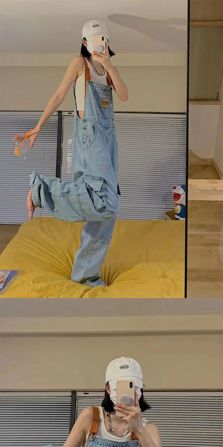 Cool Girl Style Embroidered Spicy Ink Denim Strap Jumpsuits Women's Autumn/Winter Large Loose and Slim Retro One Piece Pants