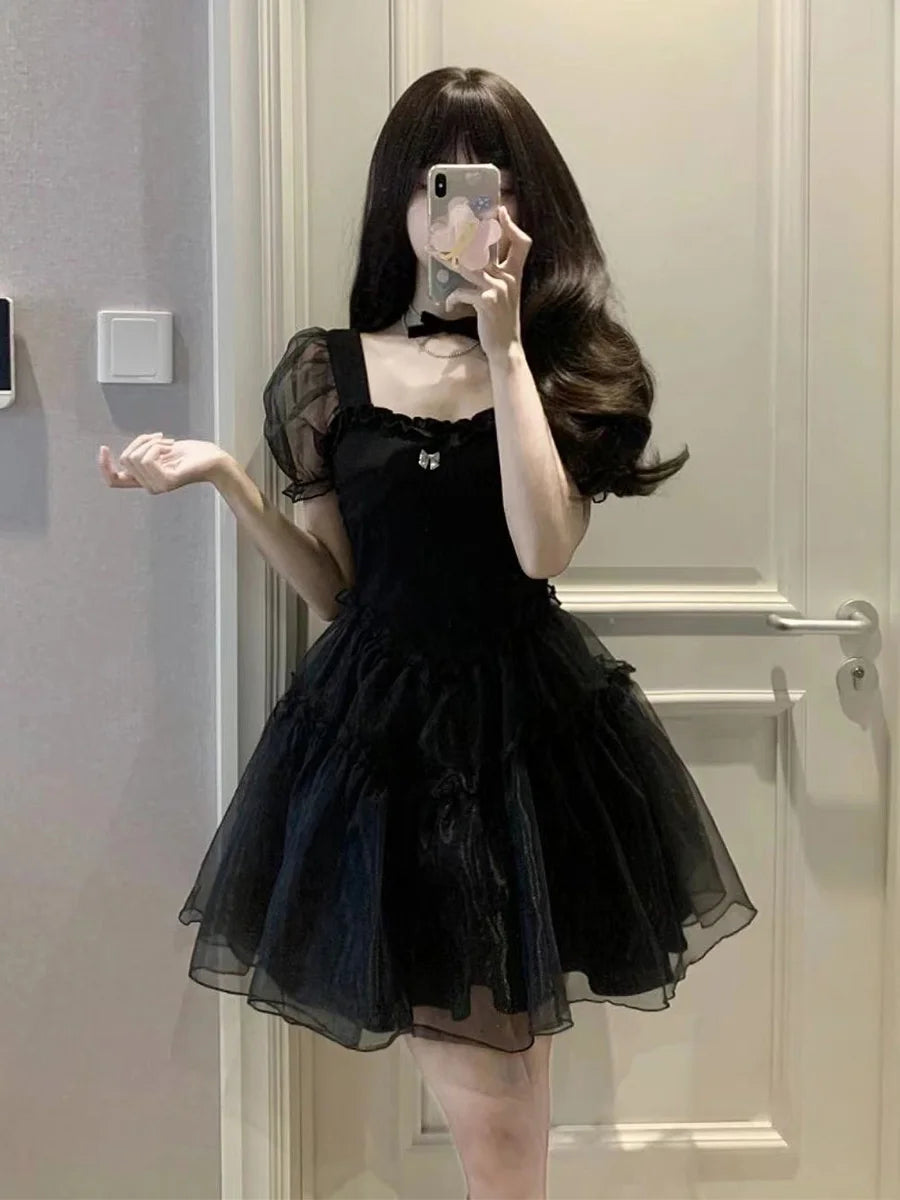 2023 Summer New Black Yarn Dress Fluffy Small Short Square Neck Spicy Girl Sweet Style Small Puff Sleeve Sexy Lovely Short FO30