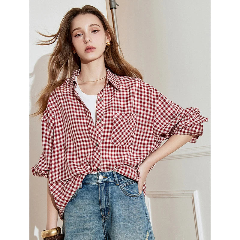 TOYOUTH Women Long Sleeve Blouse Shirt 2025 Spring New Cotton Plaid Retro Turn Down Collar Casual Shirt Tops