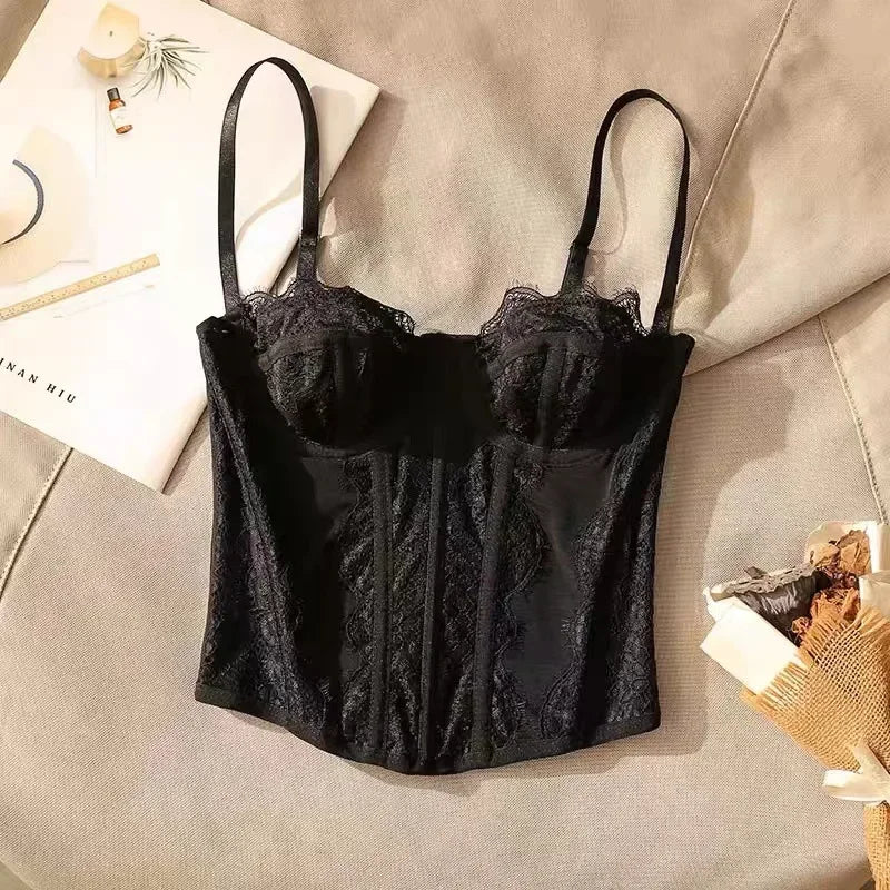 Sexy Gathered Tight Fitting Corset Top Lace Trimmed Transparent Pure Desire Tank Top Polyester Fiber Material From China Mainlan