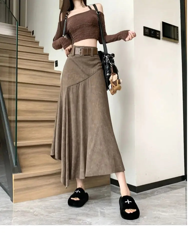 Women Clothing Autumn Korean Fashion Vintage High Waist Asymmetrical Skirts Female Elegant Chic Tie Dye Slim Long Skirt Faldas
