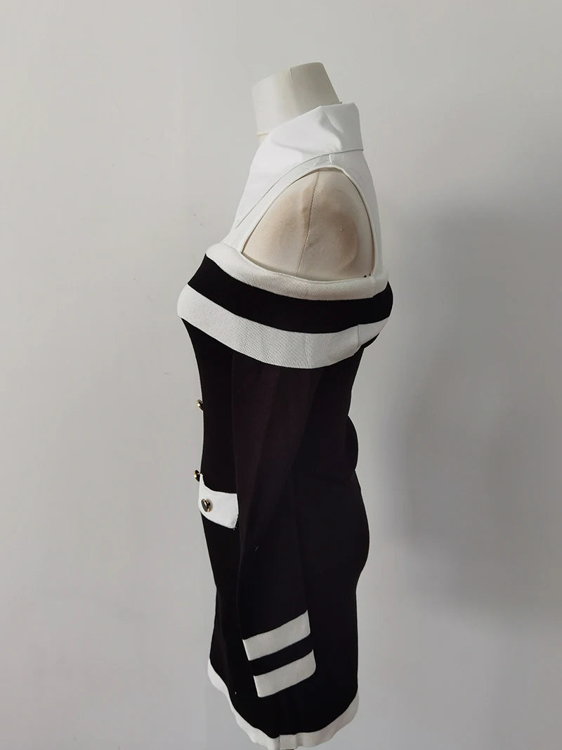 Hot Girl Off Shoulder Long-sleeved Knitted Dress Women's Autumn Fake Two-piece Shirts Spliced Sexy Wrapped Hip Short Dress