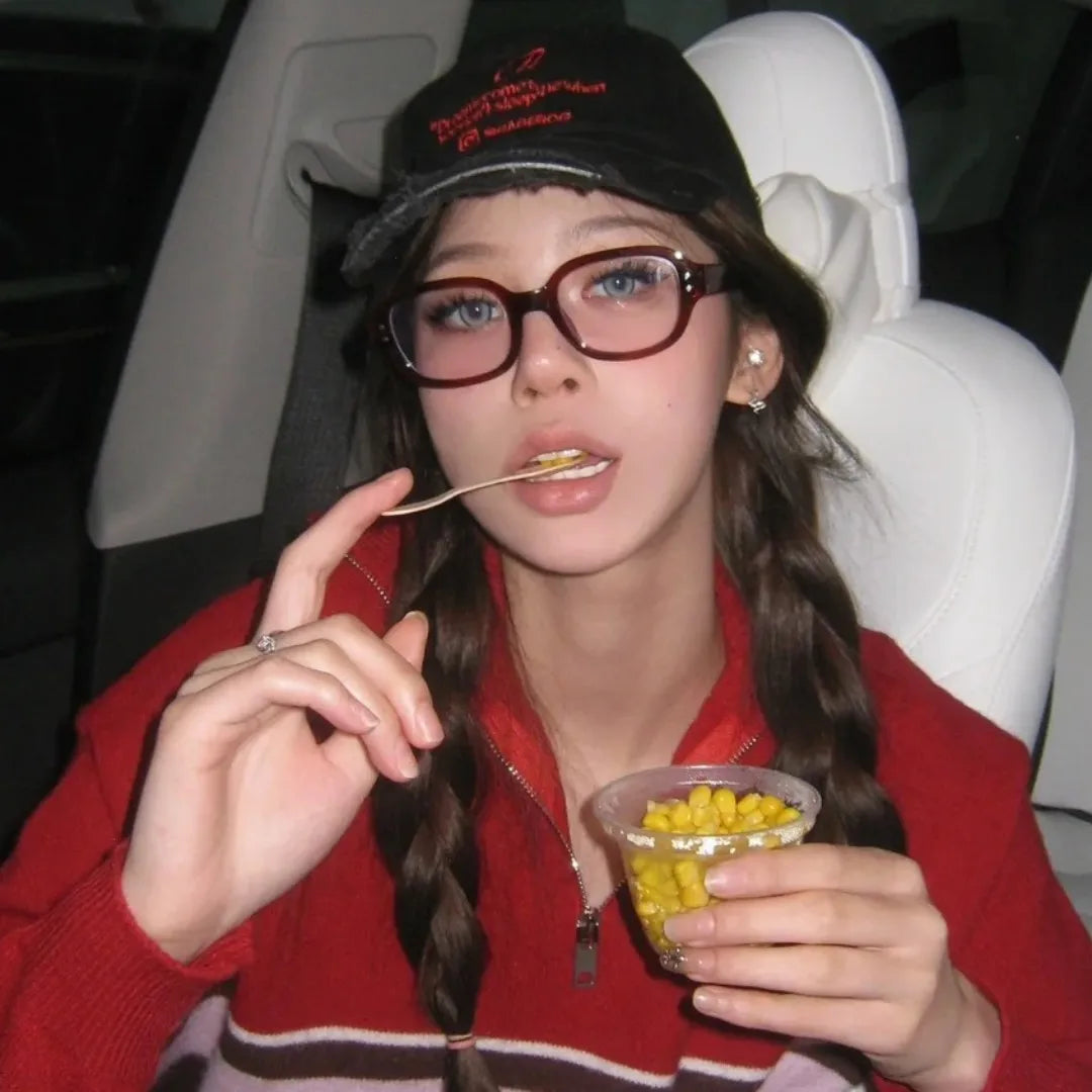 Retro Square Oval Frame Anti Blue Light Glasses Red Thick Frame Plain Eyes Glasses Korean Fashion Female Eye Protection Eyewear