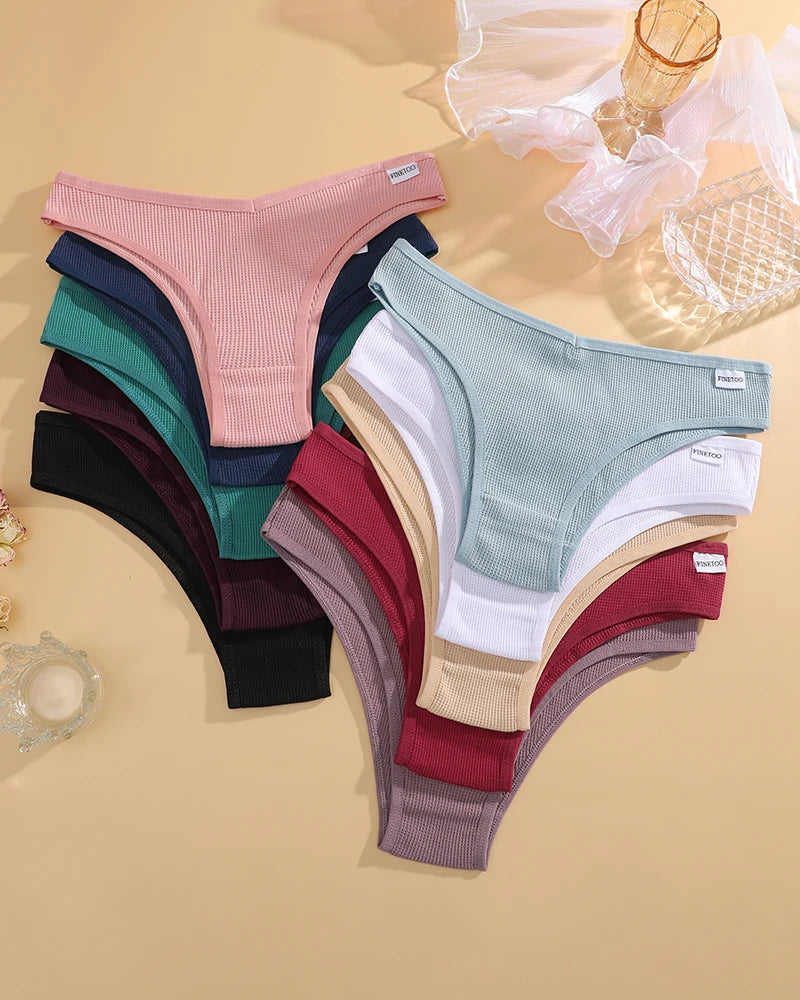 6PCS/SET Women's Waffle Cotton V-Waist Panties Multi-Color High Elasticity Brazilian Bikini Lingerie Set Sexy Female Underwear