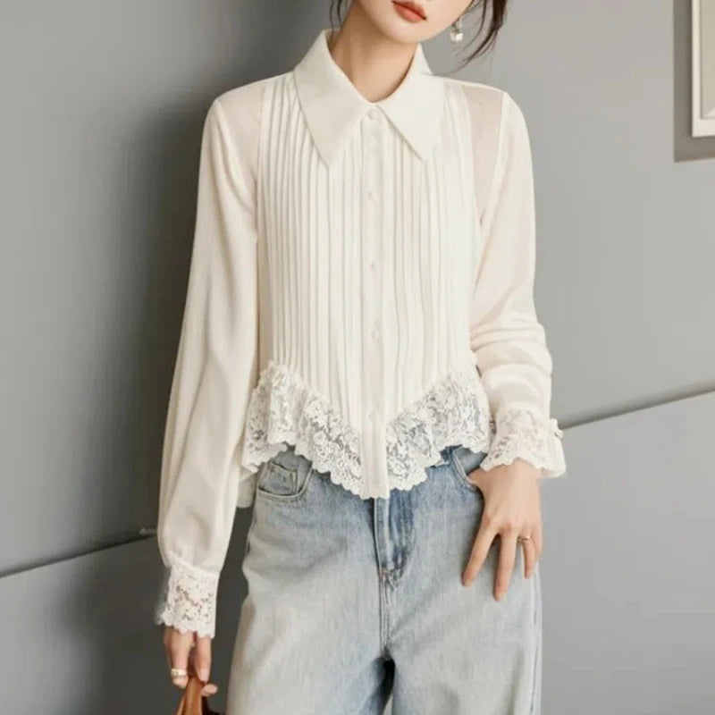 Spring Autumn New Solid Color Turn-down Collar Long Sleeve Fashion Shirt Women High Street Casual Button Patchwork Lace Cardigan