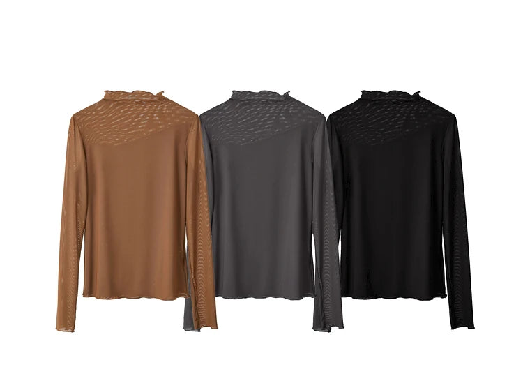 Amii Minimalism Mesh T-shirts For Women 2025 Spring New Office Lady Half-high Neck Micro Perspective Slim Retro Shirt 12423055